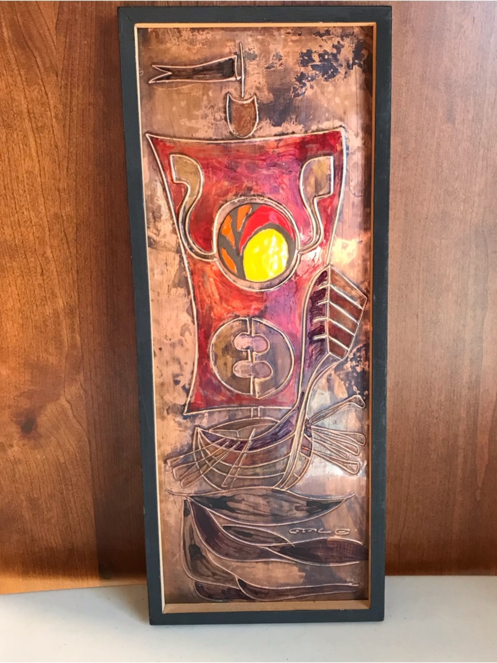 Copper and Enamel Art Sea of Galilee Made in Israel Inscribed 1977  8”X20”